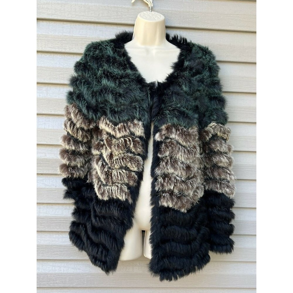 Dana Stein Women Sz Medium Layered Color Block Rabbit Fur Wool Open Front Jacket